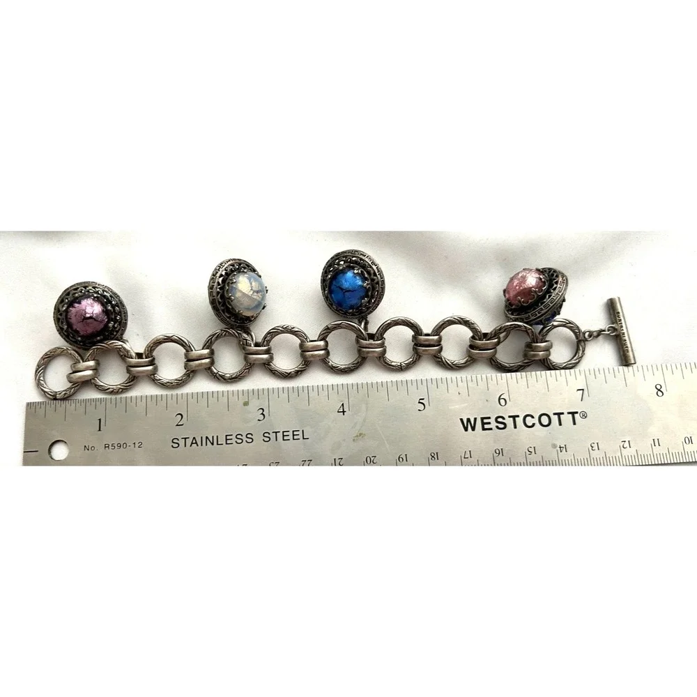 Vintage 70s Made in France Silver Charm Bracelet Art Glass Foil Cabochon Toggle